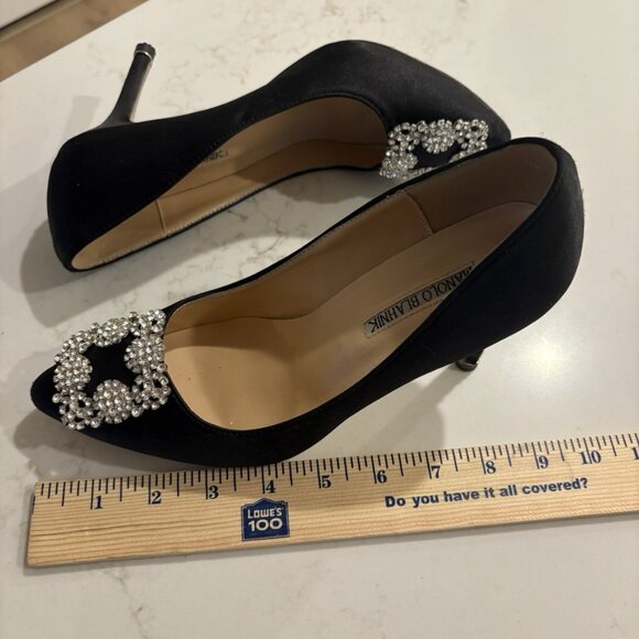 Manolo Blahnik HANGISI Black Satin Jewel Buckle Pumps Heels - Picture 11 of 16